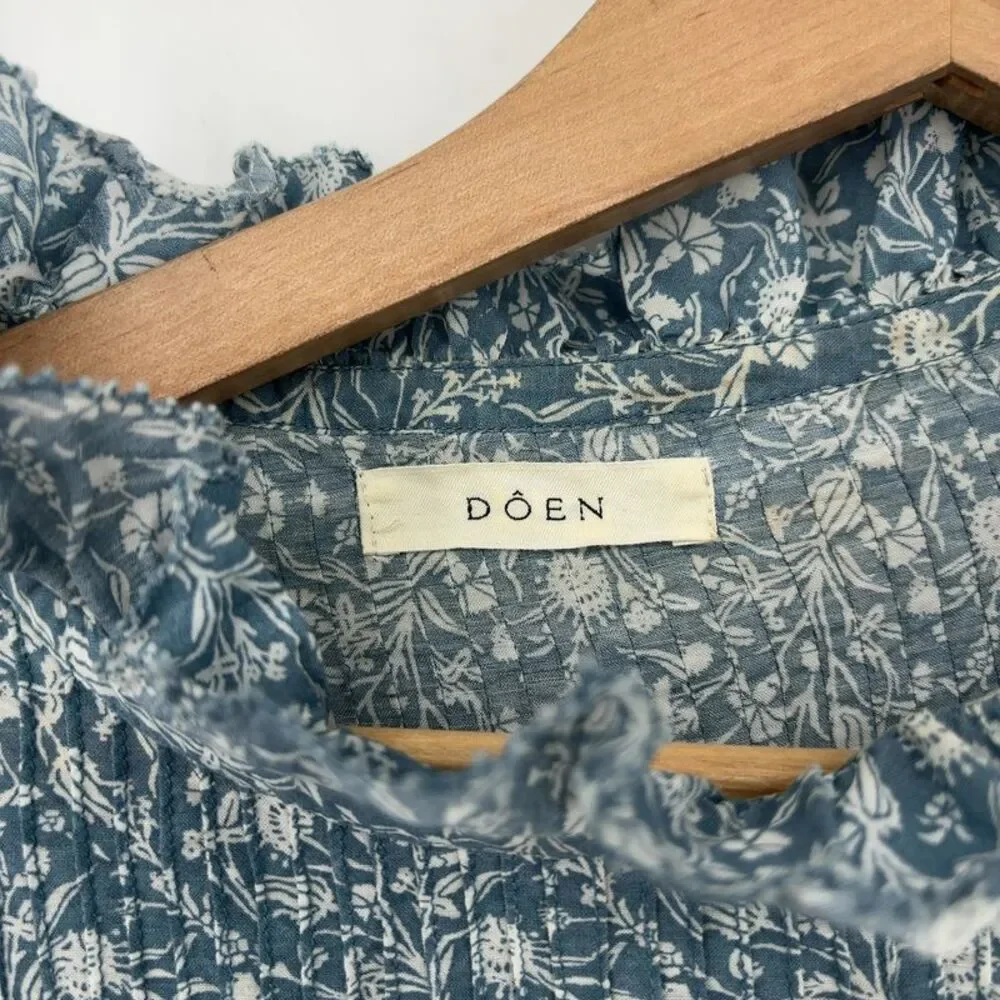 Doen Doen Blue Floral Ruffle-Neck Puff Sleeve Blouse